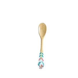 10" Wooden Light Brown Spoon With Decorative Flowers Ceramic Handle Used